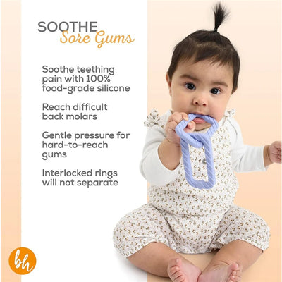 Baby holding lavender purple silicone teether, designed to soothe teething pain with interlocked rings and gentle pressure.