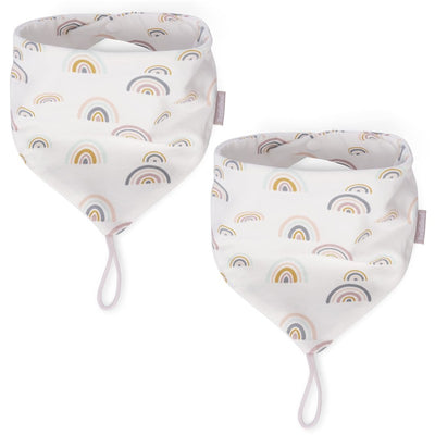 Two cotton bandana bibs in pink with rainbow patterns, designed for babies to hold pacifiers.
