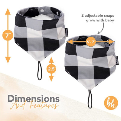 Two adjustable baby bandana bibs in a black and white checkered pattern, showcasing dimensions and features.
