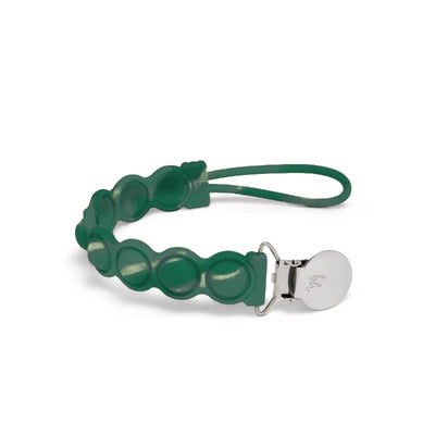 Silicone pacifier clip in pine green, featuring a textured design and a metal clasp for secure attachment.