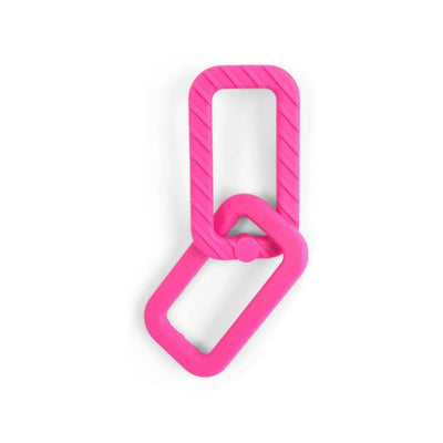 Fuchsia silicone chain link teether with a textured surface, designed for infants to chew and play with.