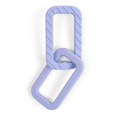Lavender silicone chain link teether with a textured design, ideal for soothing infants during teething.