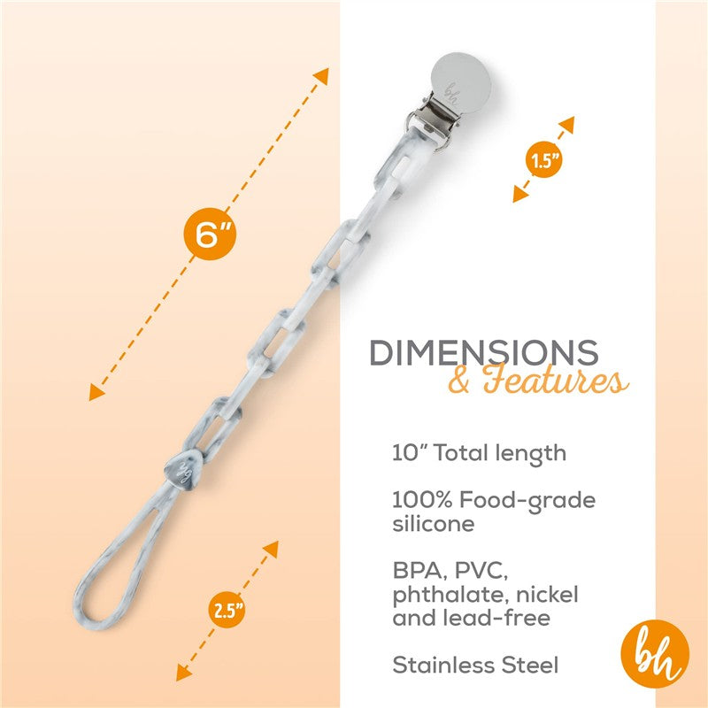 BooginHead Silicone Chain Universal Pacifier Clip in Carrara Marble design, 10” long, made of food-grade silicone; features specifications included.
