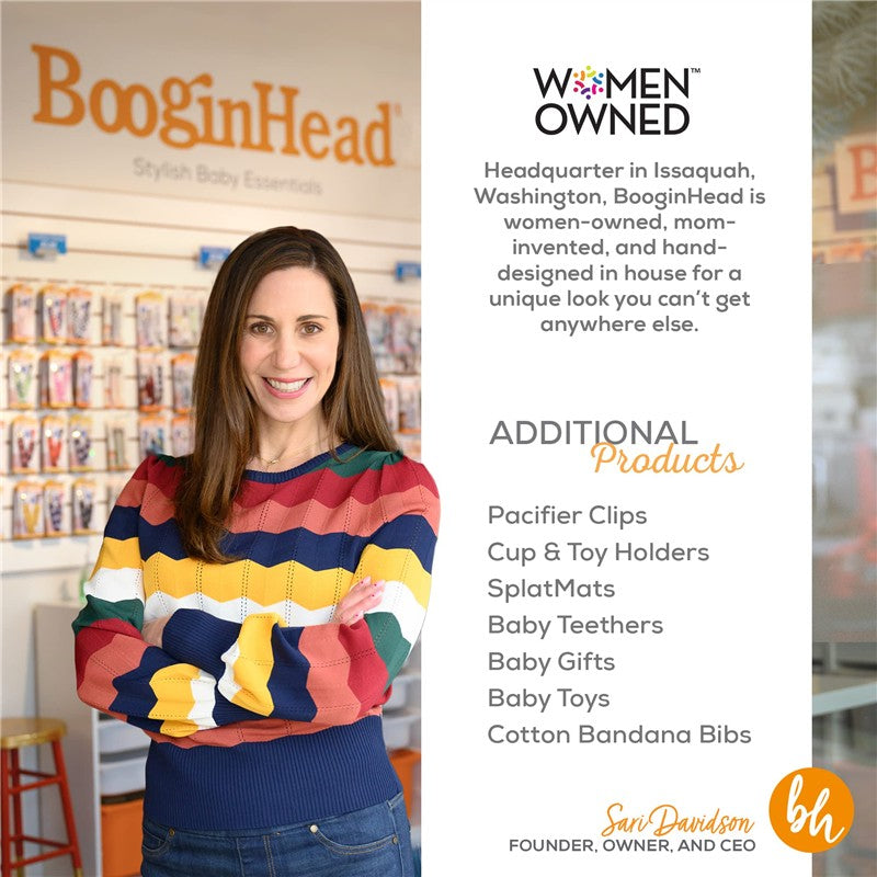 BooginHead Silicone Chain Universal Pacifier Clip featured with a smiling woman, showcasing stylish baby essentials in the background.