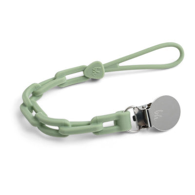 Sage green silicone pacifier clip designed to securely hold a pacifier, featuring a metal clip and chain links.