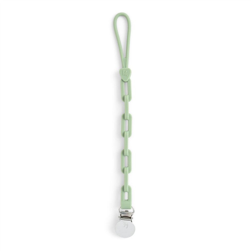 Sage green silicone chain pacifier clip with metal clip for securing baby pacifiers. Designed for easy attachment and use.