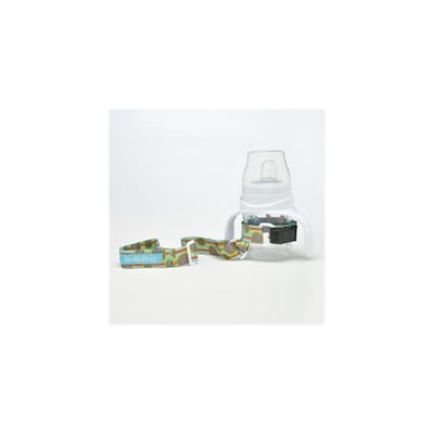 Sippi Grip bottle in grey dots pattern with a strap, designed to prevent drops and spills for toddlers.