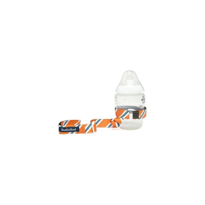 Booginhead Sippi Grip in orange and white, designed to secure baby bottles, with an adjustable strap.