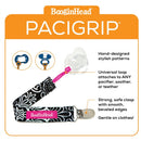 Black and white floral pacifier grip with a pink loop, featuring a strong clasp for secure attachment to pacifiers or teething toys.