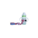 BooginHead SippiGrip in Nautical Red Stripe securely holds a sippy cup with a green lid and white handles.