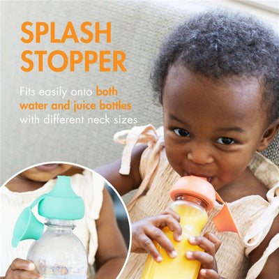 Boon SNUG silicone bottle toppers in pastel colors, designed for preventing spills, showcased on a child’s water and juice bottles.