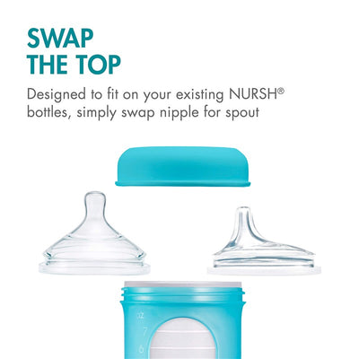 Boon NURSH Silicone Sippy Spouts in blue and clear, designed to replace nipples on NURSH bottles; includes instructions.