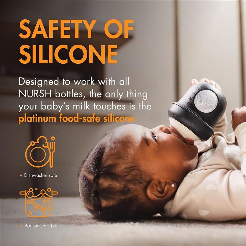 Boon 3Pk Nursh Curve Bottle Nipples, Slow Flow, shown with a baby drinking; highlights safety and food-safe silicone features.