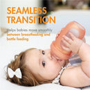 Boon 3Pk Nursh Curve Bottle Nipples, Slow Flow; baby drinking from a soft, curved bottle with text highlighting seamless transition for feeding.