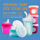 Silicone baby bottles in pastel colors; includes pink, blue, and clear bottles. Text highlights features and accessories.