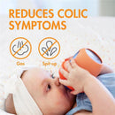 Boon 3Pk Nursh silicone baby bottle being held by a baby, promoting reduced colic symptoms, featuring icons for gas and spit-up.