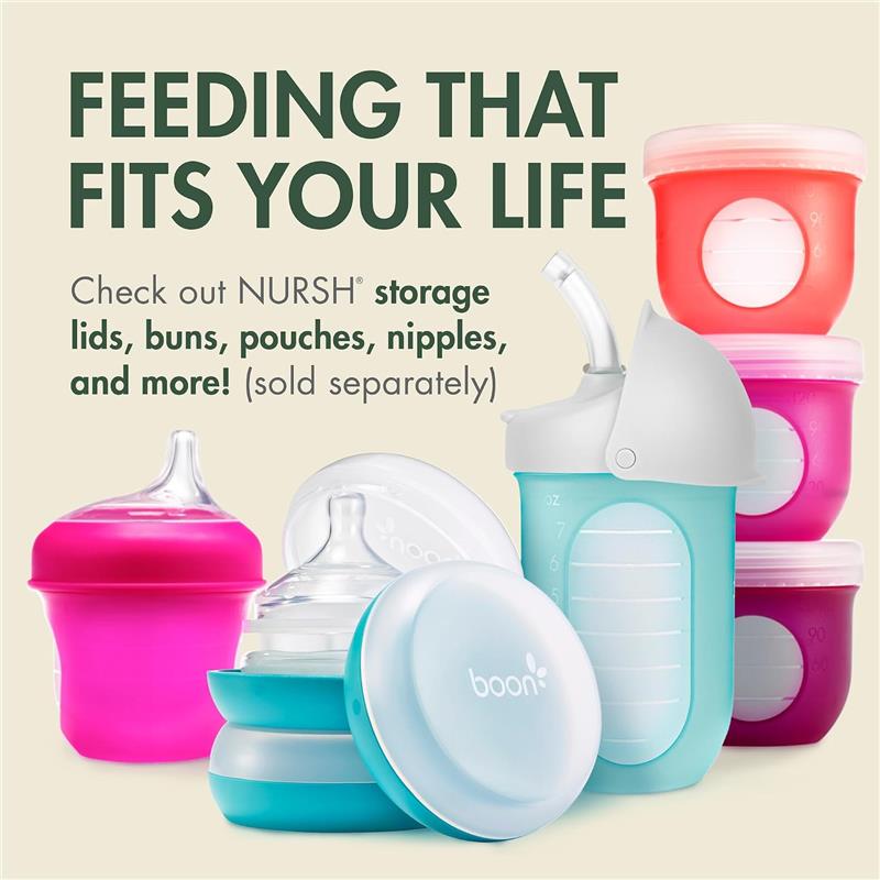 Boon 4 Oz Nursh silicone baby bottles in green speckle with additional accessories, promoting convenient feeding solutions.