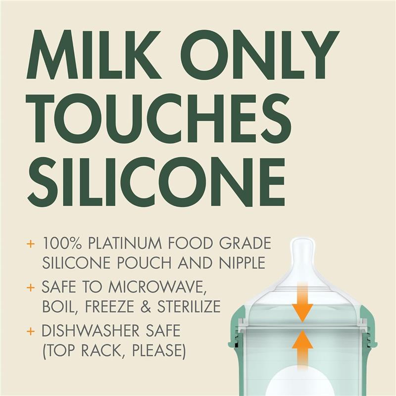 Boon 4 Oz Nursh Silicone Baby Bottle in Green Speckle with text highlighting features such as safe materials and cleaning instructions.