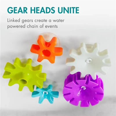 Colorful plastic gear toys in various sizes, designed for water play, with the caption emphasizing their interactive function.