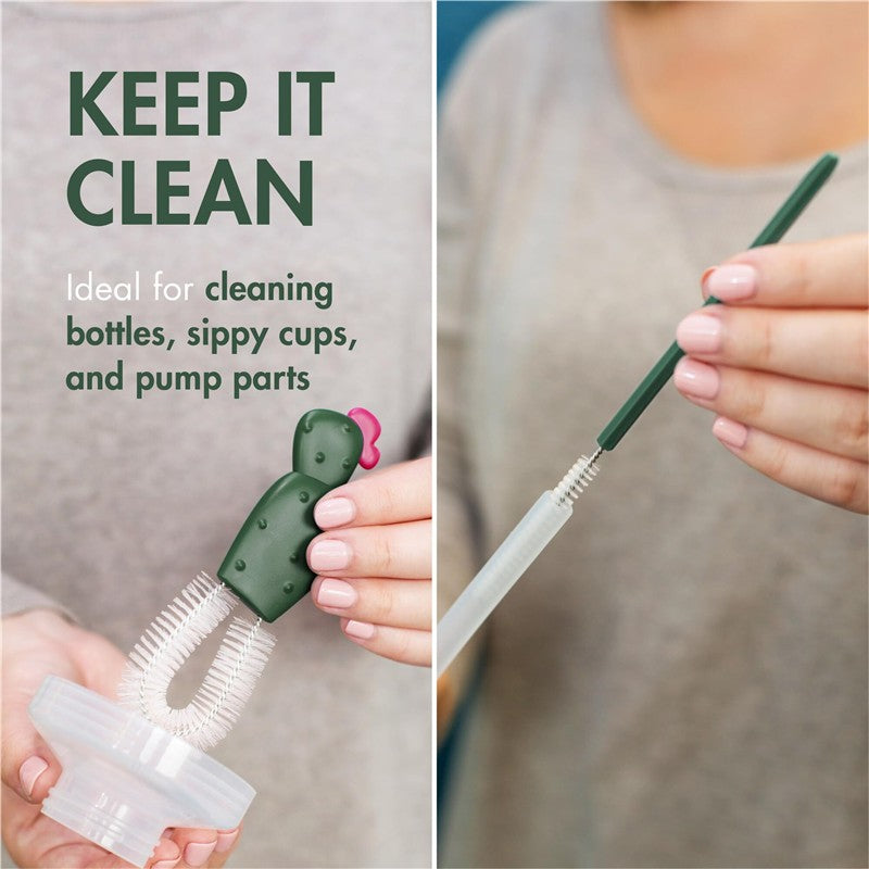 Boon Cacti Bottle Cleaning Brush Set featuring a cactus-shaped brush and a narrow green brush for cleaning bottles and sippy cups.