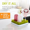 Countertop drying rack in green, designed to hold up to 12 baby bottles and pacifiers, with tall grass-like prongs.