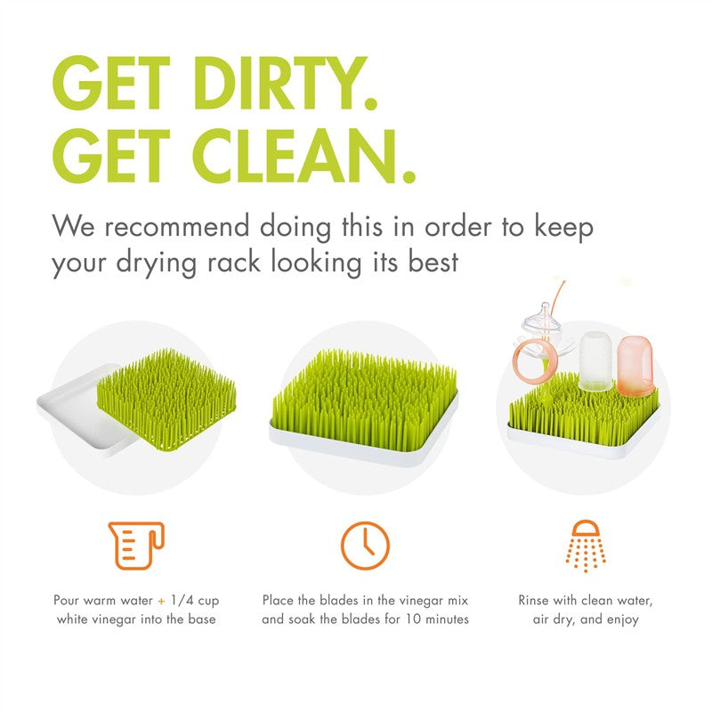 Boon Grass countertop drying rack in green featuring bottle and pacifier drying tips for maintenance.