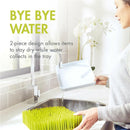 Boon LAWN countertop drying rack in green and white, designed to keep items dry while water collects in the tray.