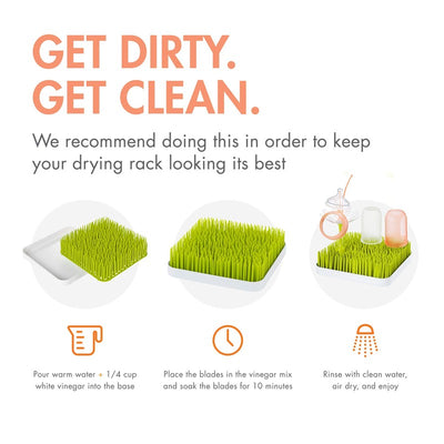 Boon LAWN drying rack shown with tips for cleaning, featuring a grass-like design, vinegar instructions, and drying dishware.