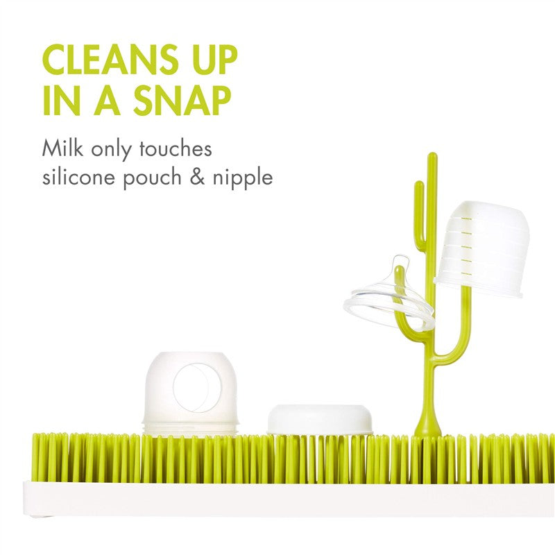 Boon NURSH silicone bottle nipples displayed on a drying rack with text highlighting ease of cleaning.