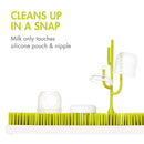 Boon NURSH silicone bottle nipples displayed on a drying rack with text highlighting ease of cleaning.
