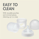 Boon NURSH silicone baby bottles in gray, showcasing parts including bottles, reusable pouches, and text highlighting easy cleaning.