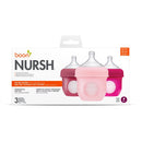 Boon NURSH Silicone Pouch Bottles 3-Pack in pink, 4 oz, includes collapsible silicone pouches and nipples for air-free feeding.