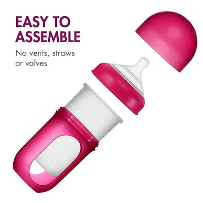 Boon Nursh 8 oz bottle in pink multi, featuring a removable top and a smooth design, highlighting its easy assembly.