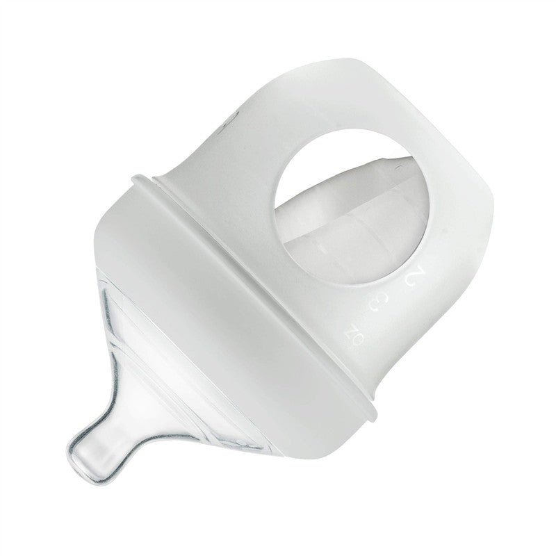 Light gray Boon NURSH silicone pouch bottle, 4 oz, featuring a soft spout and convenient handle for easy feeding.