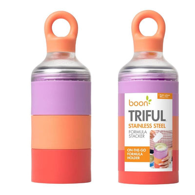 Boon Triful Baby Formula Dispenser, a stackable stainless steel holder in orange, purple, and pink for on-the-go use.