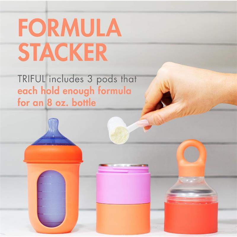 Boon Triful Baby Formula Dispenser with three stackable pods, each holding formula for an 8 oz. bottle, and measuring scoop.