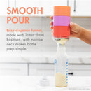 Boon Triful baby formula dispenser showing an easy-dispense funnel atop a baby bottle, designed for simple bottle prep.