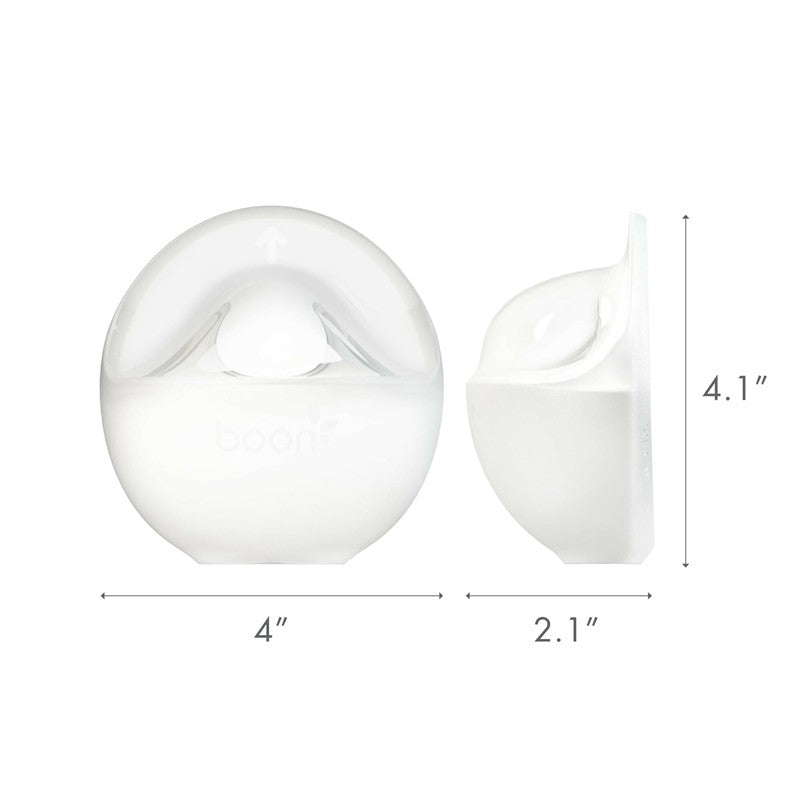 Silicone breast milk collection cup by Boon, featuring a round design, dimensions of 4” x 4.1”, and a plug.