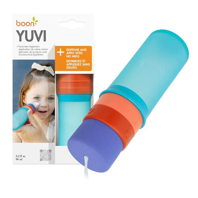 Boon Yuvi Sunscreen Applicator for Kids, 3.2 oz, displayed with a child applying sunscreen; features a colorful, easy-to-hold design.