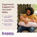 Boppy Nursing Pillow in Blush Butterflies, providing ergonomic support for a parent holding a baby, highlights comfort benefits.