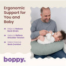 Boppy Nursing Pillow Luxe in sea green, supporting a man feeding a baby, with ergonomic benefits listed.