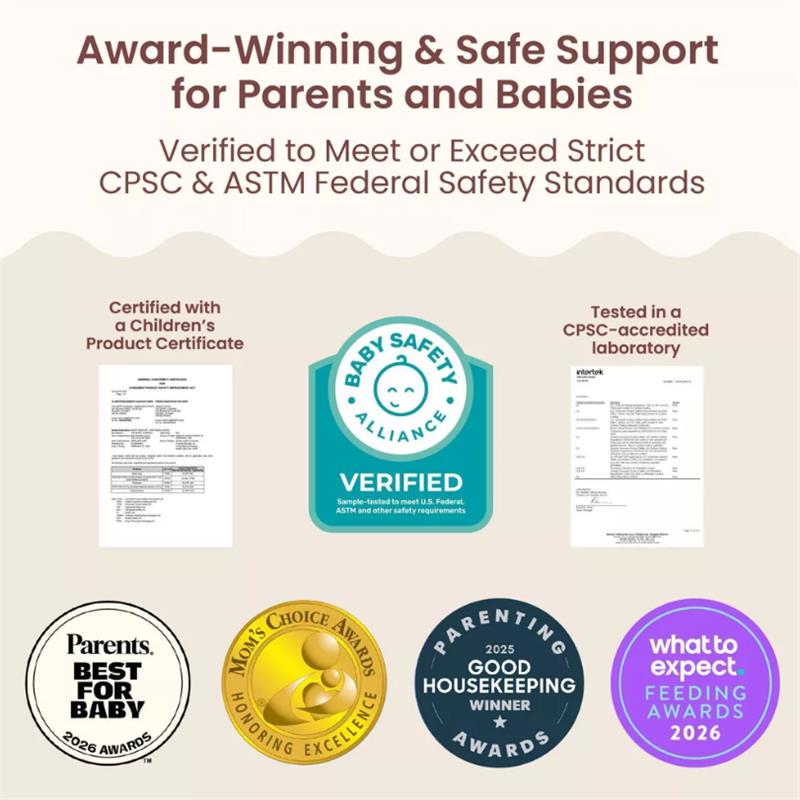 Award-winning Boppy Nursing Pillow Luxe in Sea Green Muslin, highlighting safety certifications and accolades for baby support.