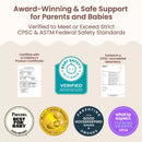 Award-winning Boppy Nursing Pillow Luxe in Sea Green Muslin, highlighting safety certifications and accolades for baby support.