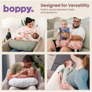 Boppy Nursing Pillow Luxe in Sea Green Muslin, displayed with varied hold positions by parents with infants.