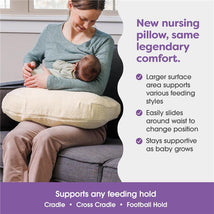 Nursing pillow with luxe oatmeal boucle cover, supporting a mother holding a baby in various feeding positions.