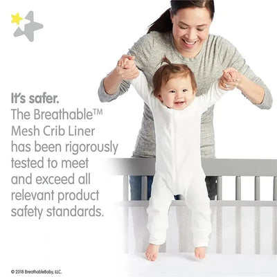 Gray BreathableBaby Classic Breathable Mesh Crib Liner, with a mother and child, emphasizes safety and product testing.