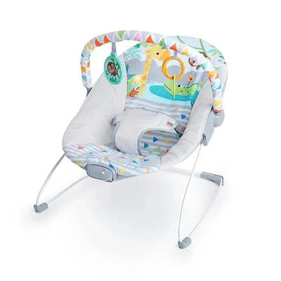 Bright Starts Baby Bouncer features a colorful seat with playful animal designs, relaxing vibrations, and a safety harness.