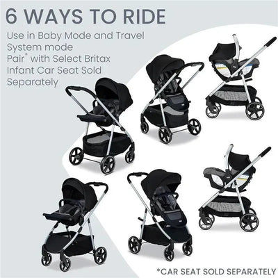 Britax Grove Modular Stroller showcasing six riding modes, featuring a lightweight design and compatibility with select infant car seats.