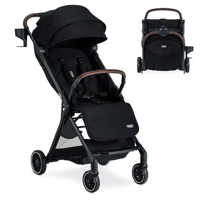 Britax Juniper Compact On-The-Go Stroller in Raven Black, featuring a dark fabric canopy and brown handle, displayed in two angles.