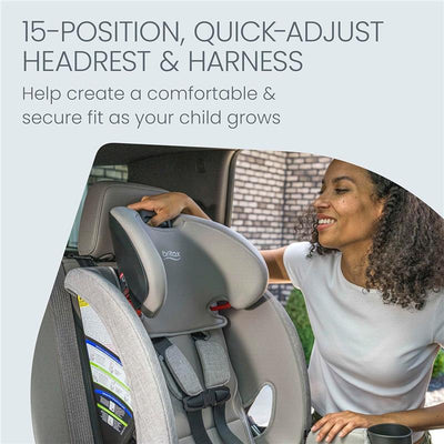 15-position, quick-adjust headrest and harness of the Britax One4life® Slim All-In-One Car Seat in Mineral Gray, showcasing a user adjusting it.